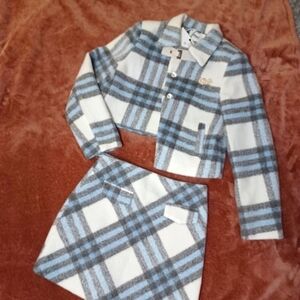 NWT Blue white grey lined winter mini skirt  jacket set ladies large structured